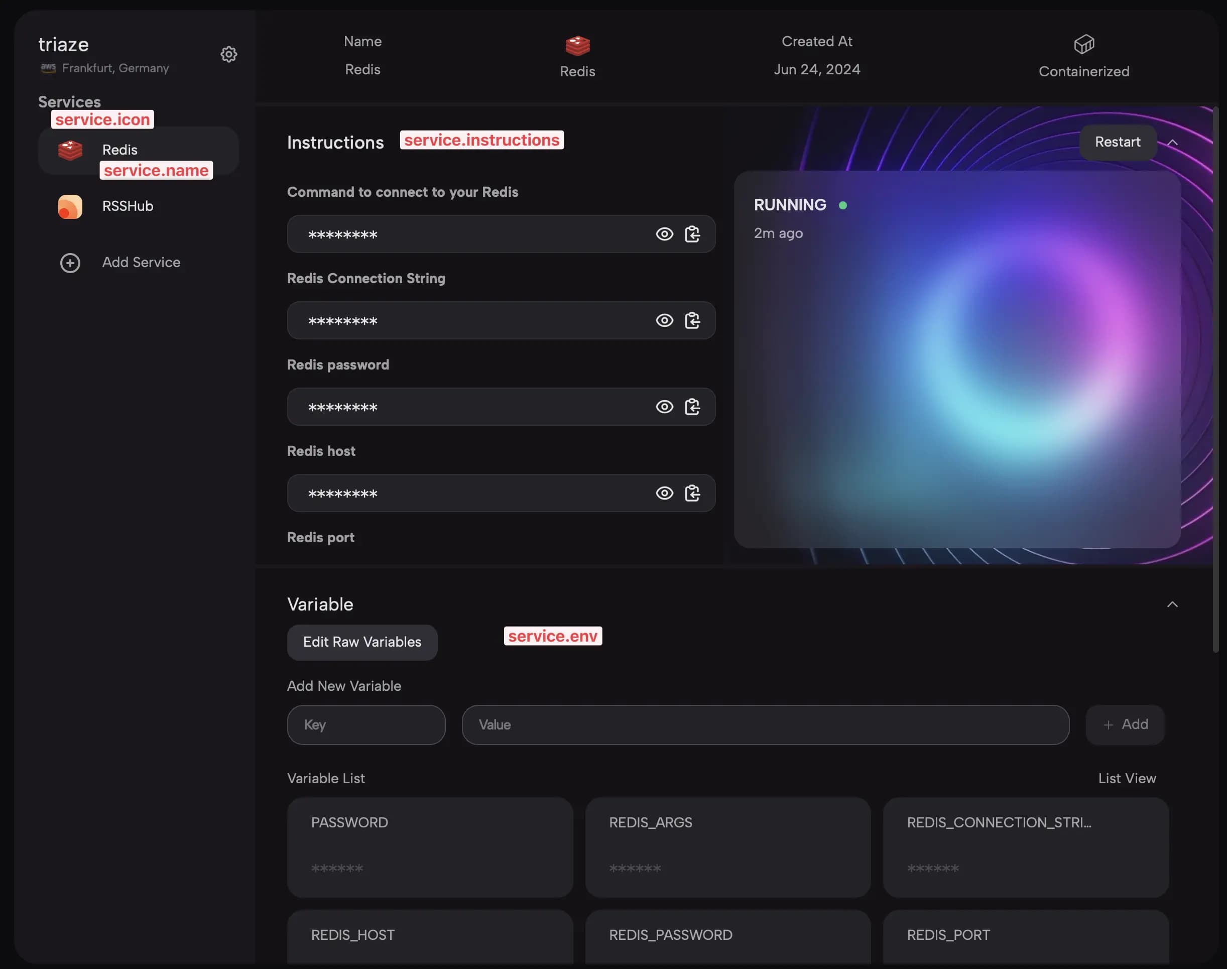 Appearance of each field in the service specifications on the Zeabur Dashboard project page