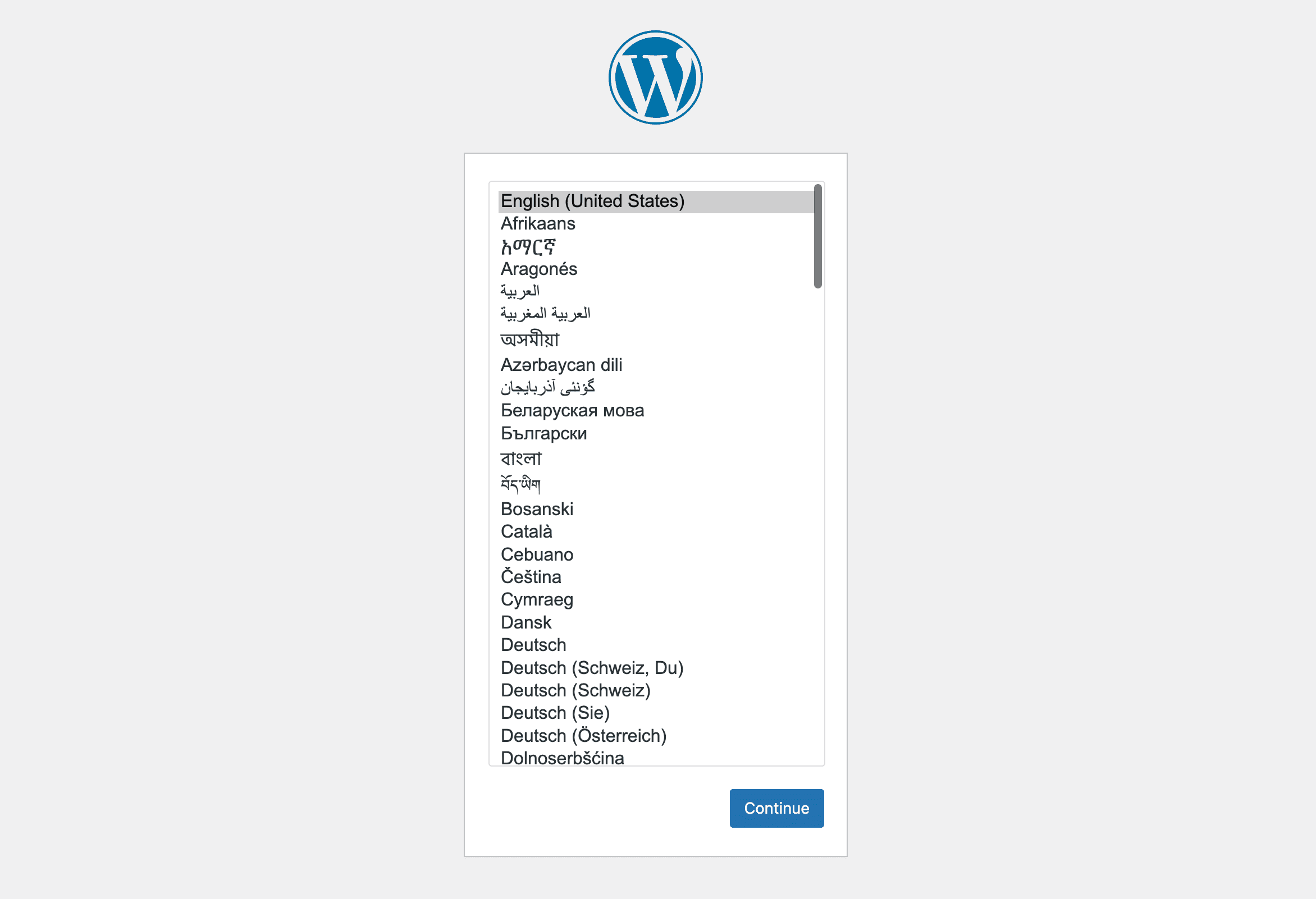 WordPress Installation, Select Language